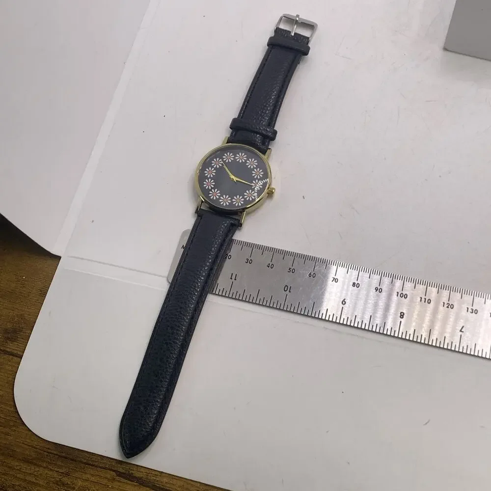 Womens Floral Gold Tone Flowers Watch Black Band New Battery